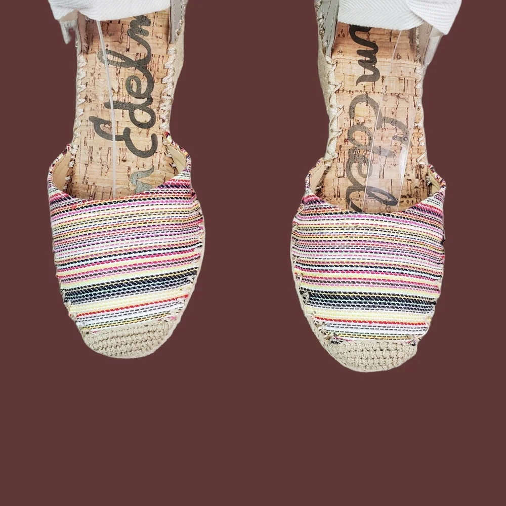 Sam Edelman Patsy Woven Multicolor Ankle Tie Wedge Espadrille Shoes Size 7